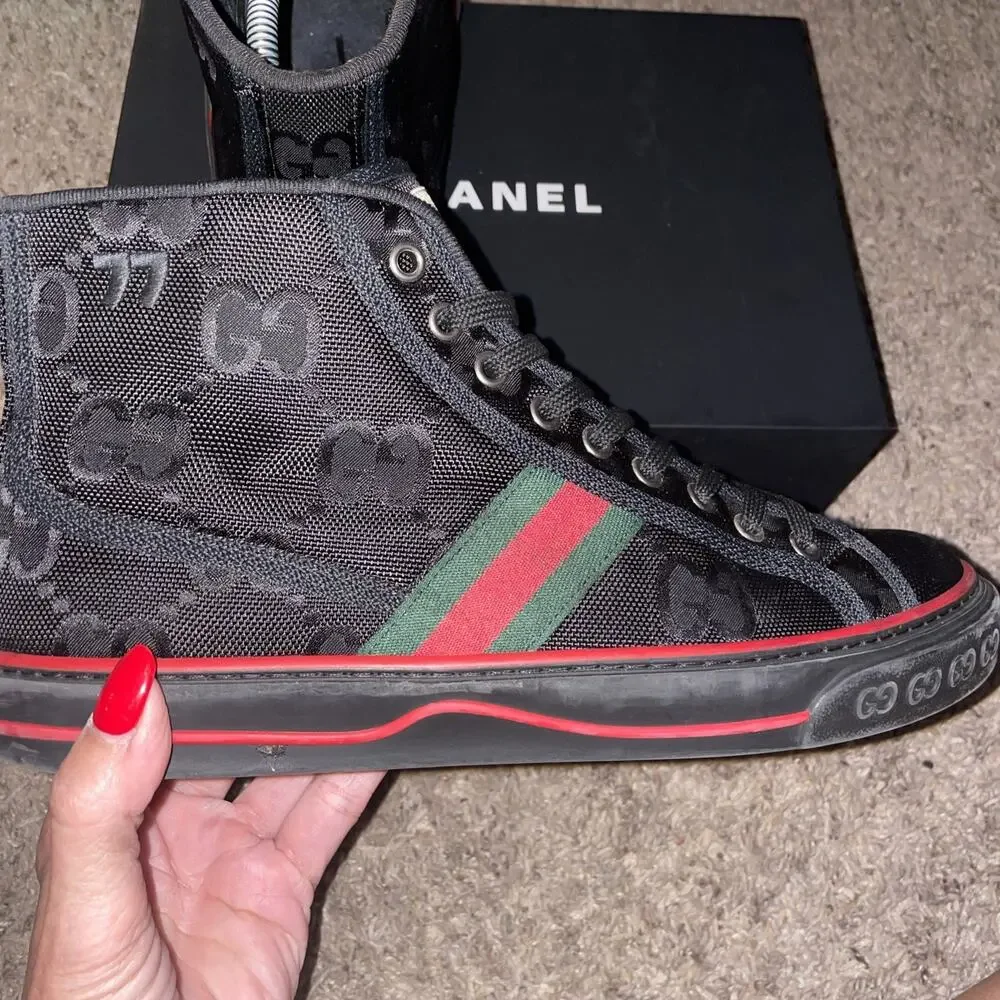 100% Authentic Gucci Tennis 1977 High Top GG Sneakers Black US M 9, W 10.5